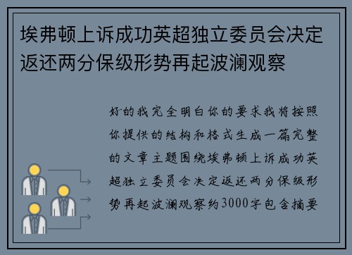埃弗顿上诉成功英超独立委员会决定返还两分保级形势再起波澜观察 埃弗顿上诉成功英超独立委员会决定返还两分保级形势再起波澜观察