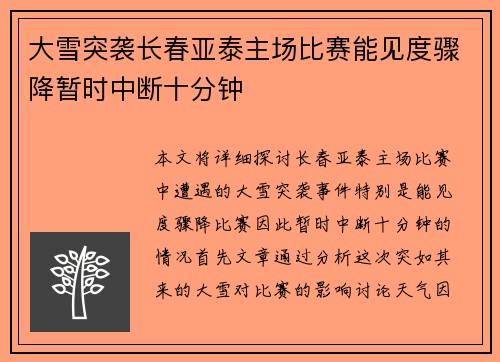 大雪突袭长春亚泰主场比赛能见度骤降暂时中断十分钟