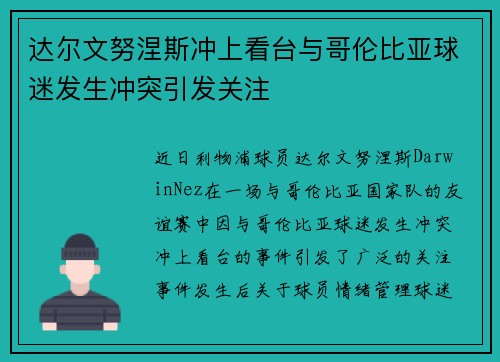 达尔文努涅斯冲上看台与哥伦比亚球迷发生冲突引发关注